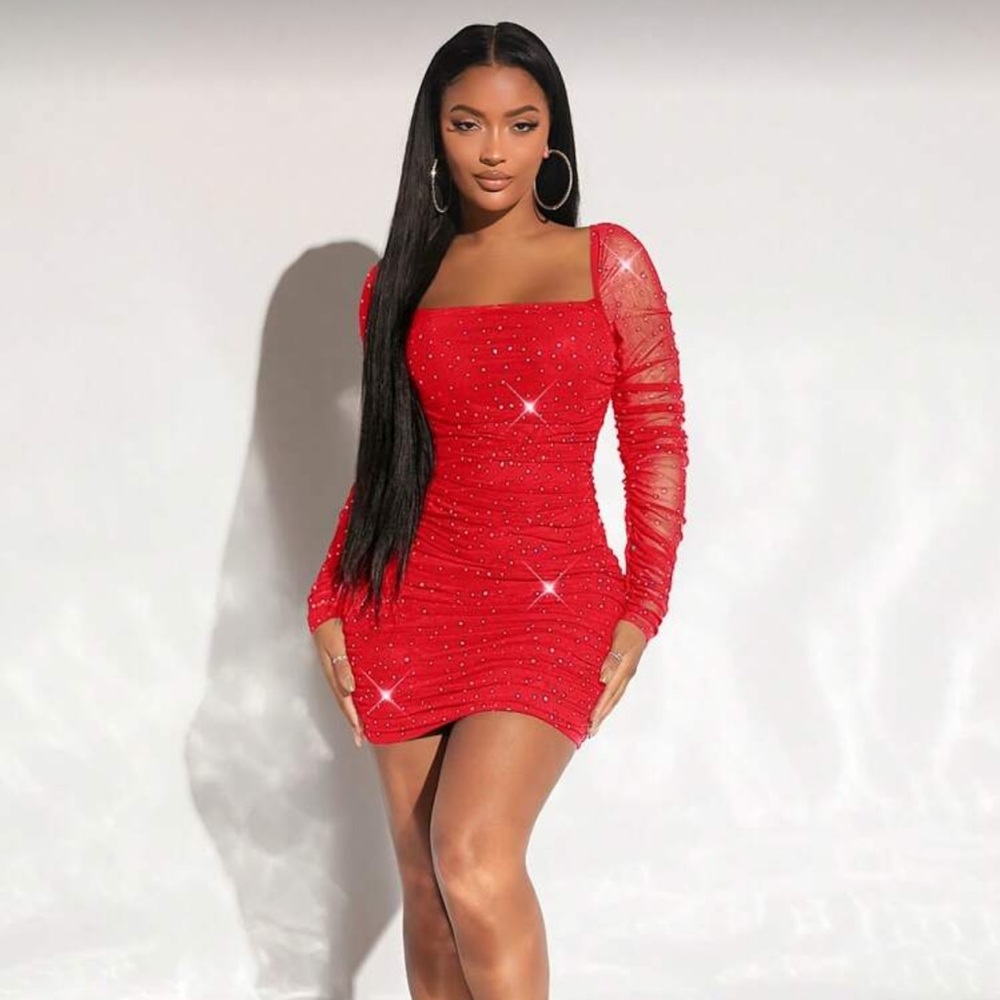 SHEIN Red Long Sleeve Ruched Dress